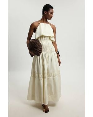 Karen Millen Ruffle Front Cotton Poplin Halterneck Midi Dress - Natural