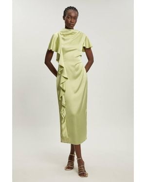 Karen Millen Textured Satin Ruffle Detail Midi Dress - Green