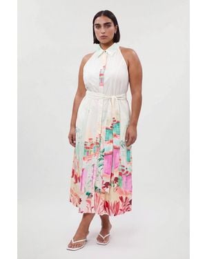 Karen Millen Plus Size Scenic Print Cotton Sateen Shirt Dress - White