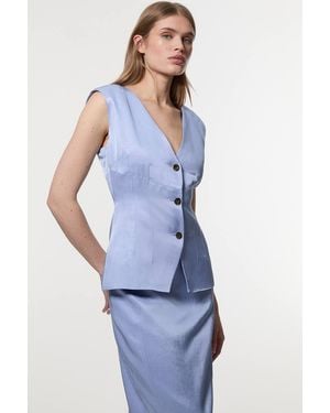 Karen Millen Premium Viscose Linen Tailored Ruffle Pencil Midi Dress - Blue
