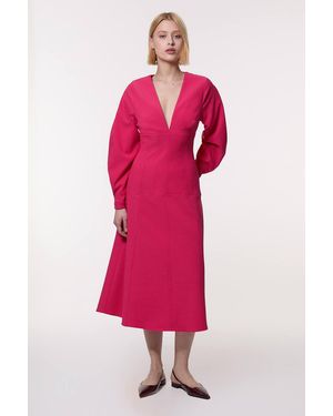 Karen Millen Textured Tailored Dropped Waist Sleeved Midaxi Dress - Pink