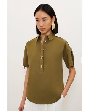 Karen Millen Techno Cotton Woven Short Sleeve Hardwear Detail Shirt - Green