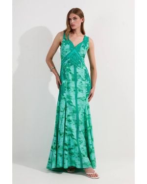 Karen Millen Petite Burnout Embellished And Beaded Open Back Woven Maxi Dress - Green