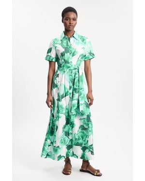 Karen Millen Rose Print Cotton Sateen Floral Woven Belted Maxi Shirt Dress - Green
