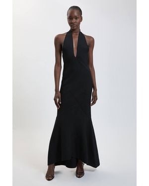Karen Millen Elegant Cross Halter Ribbed Knit Maxi Dress - Black