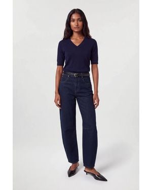 Karen Millen Forever Viscose Blend V Neck Knitted Short Sleeve Top - Blue