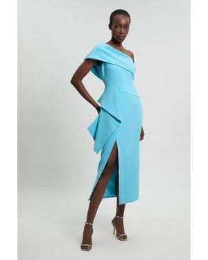 Karen Millen Compact Stretch Ruffle Detail Asymmetric Pencil Dress - Blue