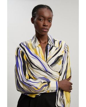 Karen Millen Brush Stroke Print Twill Woven Wrap Shirt - Grey