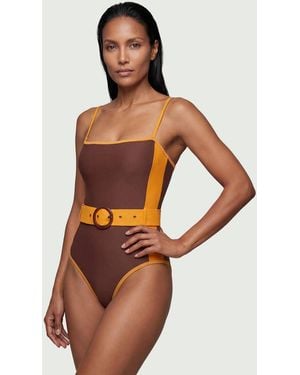 Karen Millen Contrast Panelled Bandeau Swimsuit With Belt - Orange