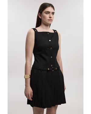 Karen Millen Ponte Button Front Pleated Mini Dress - Black
