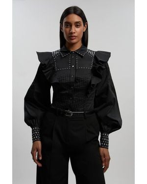 Karen Millen Cotton Sateen Drama Sleeve Studded Woven Maxi Shirt - Black