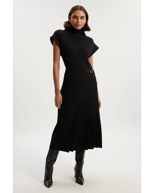 Karen Millen Tailored Buckle Detail Pleated Midi Skirt - Black