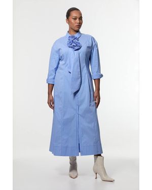 Karen Millen Plus Size Stripe Cotton Rosette Woven Shirt Maxi Dress - Blue