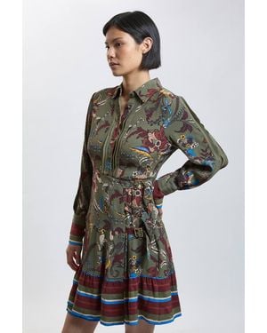 Karen Millen Petite Floral Print Belt Detail Viscose Mini Shirt Dress - Grey