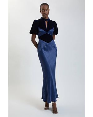 Karen Millen Velvet Insert Viscose Satin Midi Dress - Blue