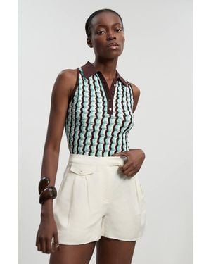 Karen Millen Knit Contrast Collar Pointelle Sleeveless Midi Top - Natural