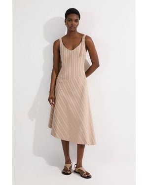 Karen Millen Tailored Stripe Linen Strappy Asymmetric Hem Midi Dress - Natural