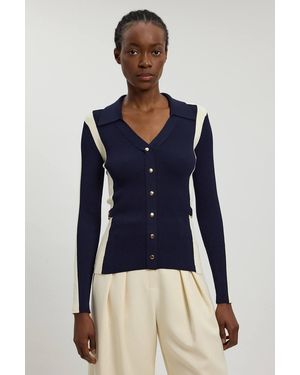 Karen Millen Viscose Rib Contrast Colour Button Knit Top - Blue