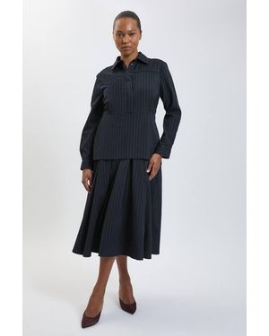 Karen Millen Plus Size Tailored Pinstripe Collared Maxi Dress - Blue