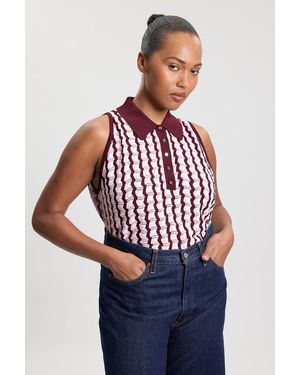 Karen Millen Plus Size Knit Contrast Collar Pointelle Sleeveless Midi Top - Red