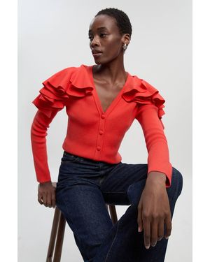 Karen Millen Compact Wool Look Ruffle V Neck Cardigan Jumper - Red