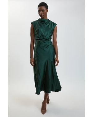Karen Millen Viscose Satin Ruched Cowl Neck Midi Dress - Green