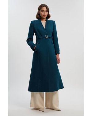 Karen Millen Forever Wool Investment Notch Neck Belted Tailored Maxi Coat - Blue