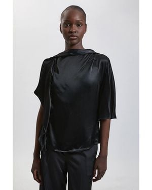 Karen Millen Viscose Satin Asymmetric Ruffle Top - Black
