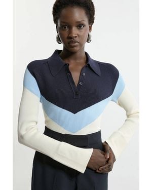 Karen Millen Viscose Blend Rib Knit Polo Top - Blue
