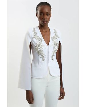 Karen Millen Bandage Form Fitting Cape Sleeve Embellished Jacket - White