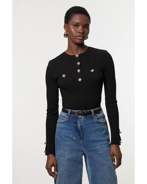 Karen Millen Forever Military Trim Rib Long Sleeve Knit Top - Blue