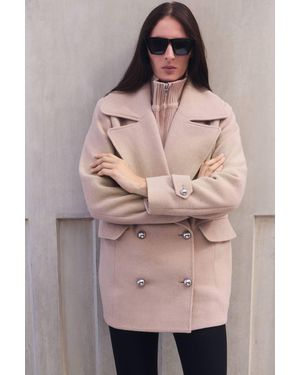 Karen Millen Wool Detachable Knitted Neck Tailored Double Breasted Pea Coat - Pink