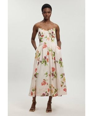 Karen Millen Silk Cotton Floral Strappy Midi Dress - Natural