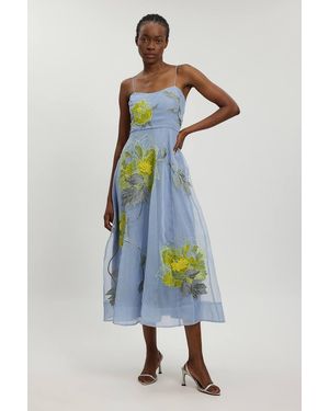Karen Millen Floral Embroidered Organza Bandeau Dress - Blue