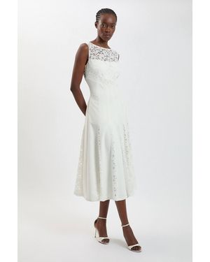 Karen Millen Compact Stretched Lace Detail Midi Dress - White