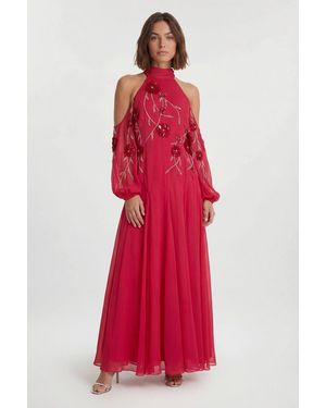 Karen Millen Cold Shoulder 3D Floral Applique Woven Maxi Dress - Red