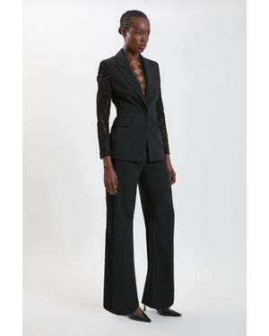 Karen Millen Compact Stretch Lace Mix Tailored Wide Leg Trouser - Black