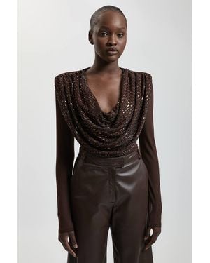 Karen Millen Premium Crystal Embellished Jersey Cowl Detail Top - Brown