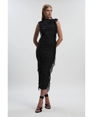 Karen Millen Bandage Mesh Gathered Ruffle Knitted Maxi Dress - Black