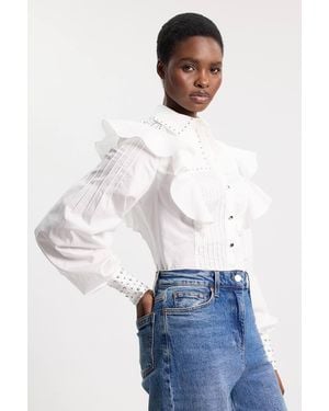 Karen Millen Cotton Sateen Drama Sleeve Studded Woven Maxi Shirt - White