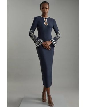 Karen Millen Figure Form Bandage Knit Embellished Wide Sleeve Maxi Dress - Grey