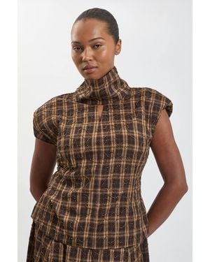 Karen Millen Plus Size Beaded Check Print High Neck Top - Brown
