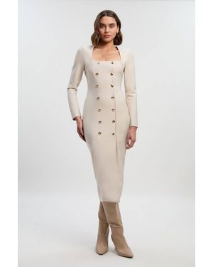 Karen Millen Figure Form Bandage Woven Mix Military Button Blazer Knit Midi Dress - Natural