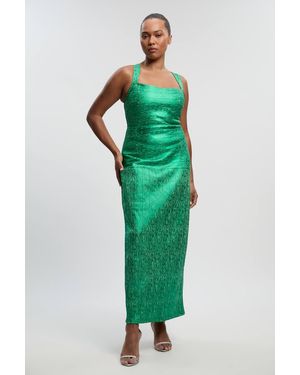 Karen Millen Plus Size Foil Metallic Figure Form Bandage Strappy Knit Maxi Dress - Green