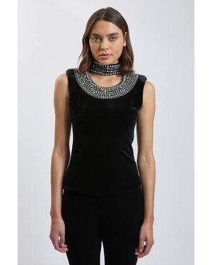 Karen Millen Crystal Trim Velvet Top - Black