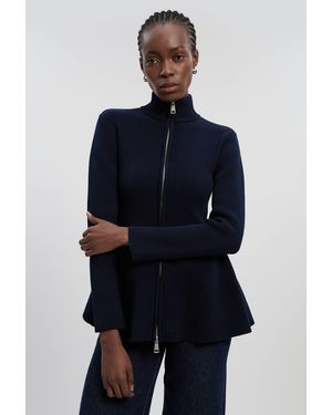 Karen Millen Cotton High Neck Zip Through Longline Knit Jacket - Blue