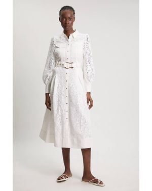 Karen Millen Cotton Cutwork Woven Shirt Midi Dress - Natural