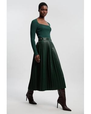 Karen Millen Viscose Rib Pu Mix Tab Detail Pleated Knit Midi Dress - Green