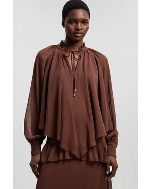 Karen Millen Crinkle Chiffon Cape Woven Blouse - Brown