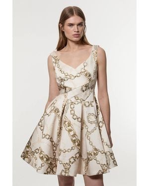 Karen Millen Structured Viscose Satin Chain Print Tailored Prom Mini Dress - Natural